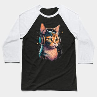 Cat with Headphones Baseball T-Shirt
